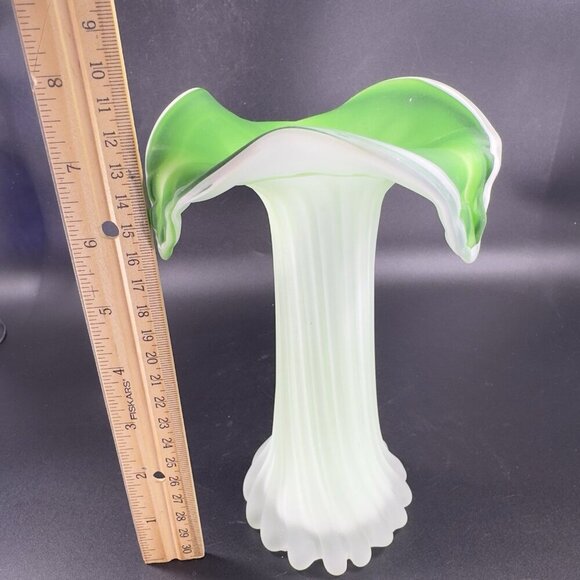 1970s Frosted Green Leaf Shaped Top Glass Vase Vessel Jack In The Pulpit Vintage - Picture 5 of 16